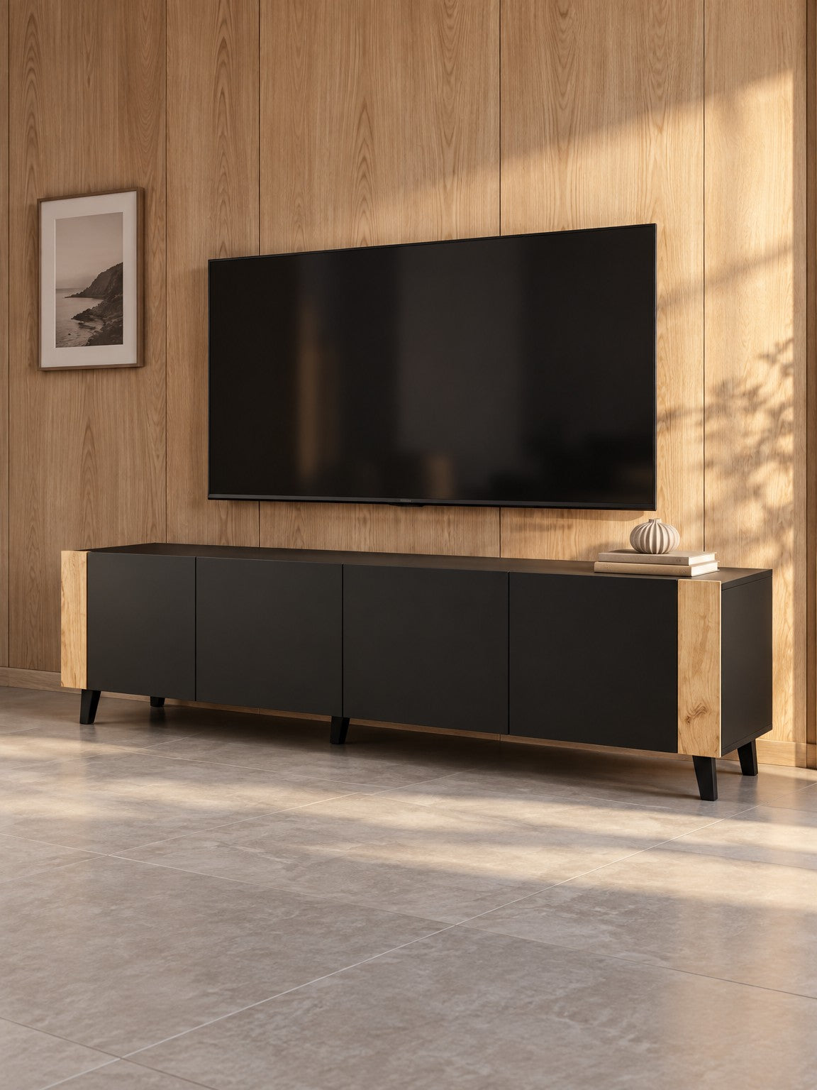 Szafka RTV JOLI 200 cm - czarny / dąb craft / tworzywo