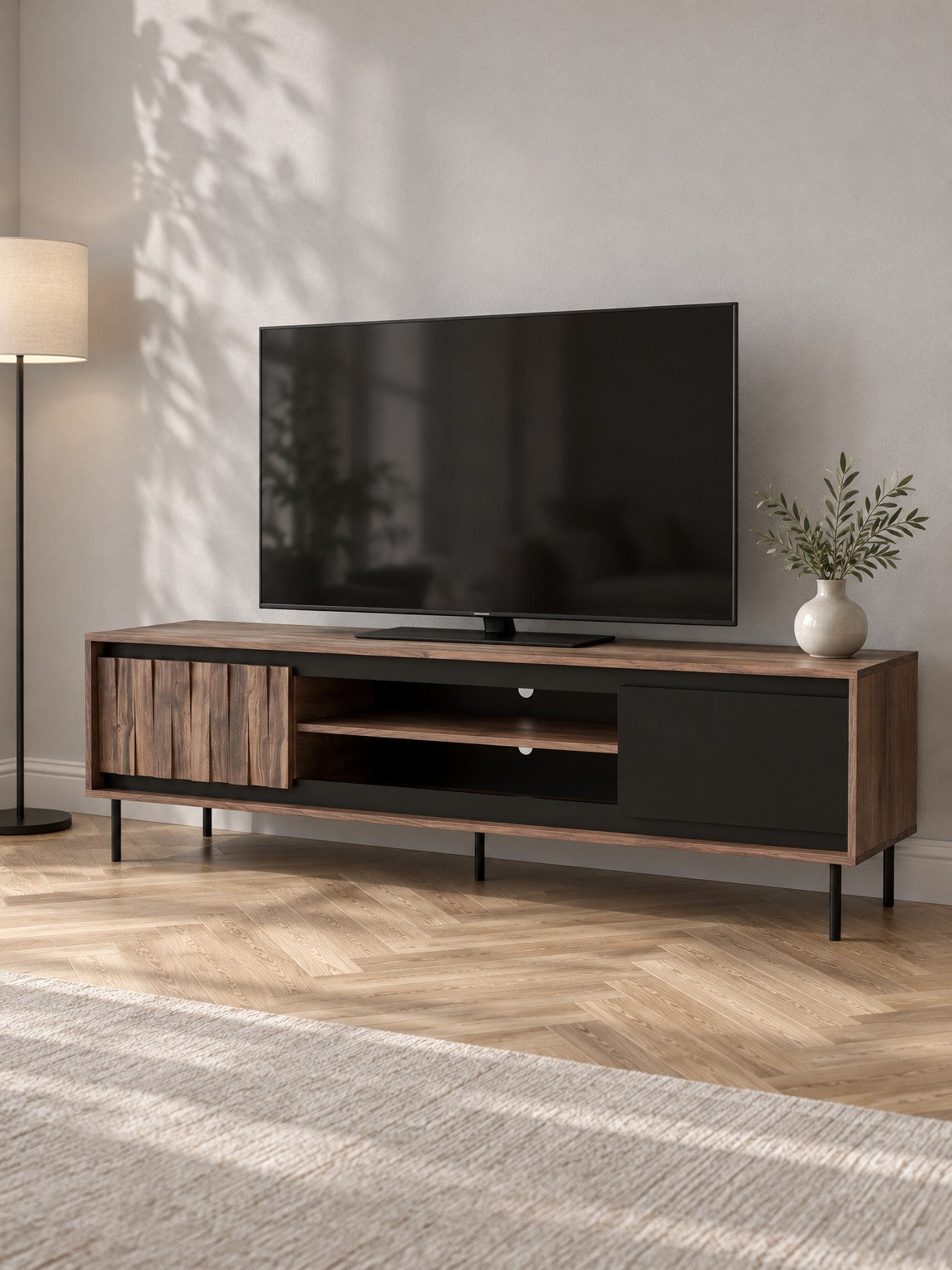 Szafka RTV LEKORA 180 cm RTV-1 - orzechowy / czarny / metal