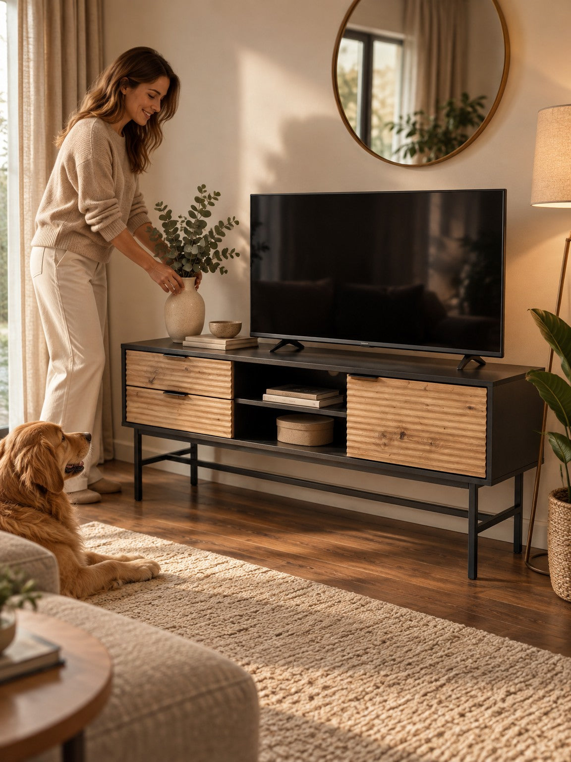 Szafka RTV MIRIA 150 cm - dąb artisan / czarny / metal - aranżacja