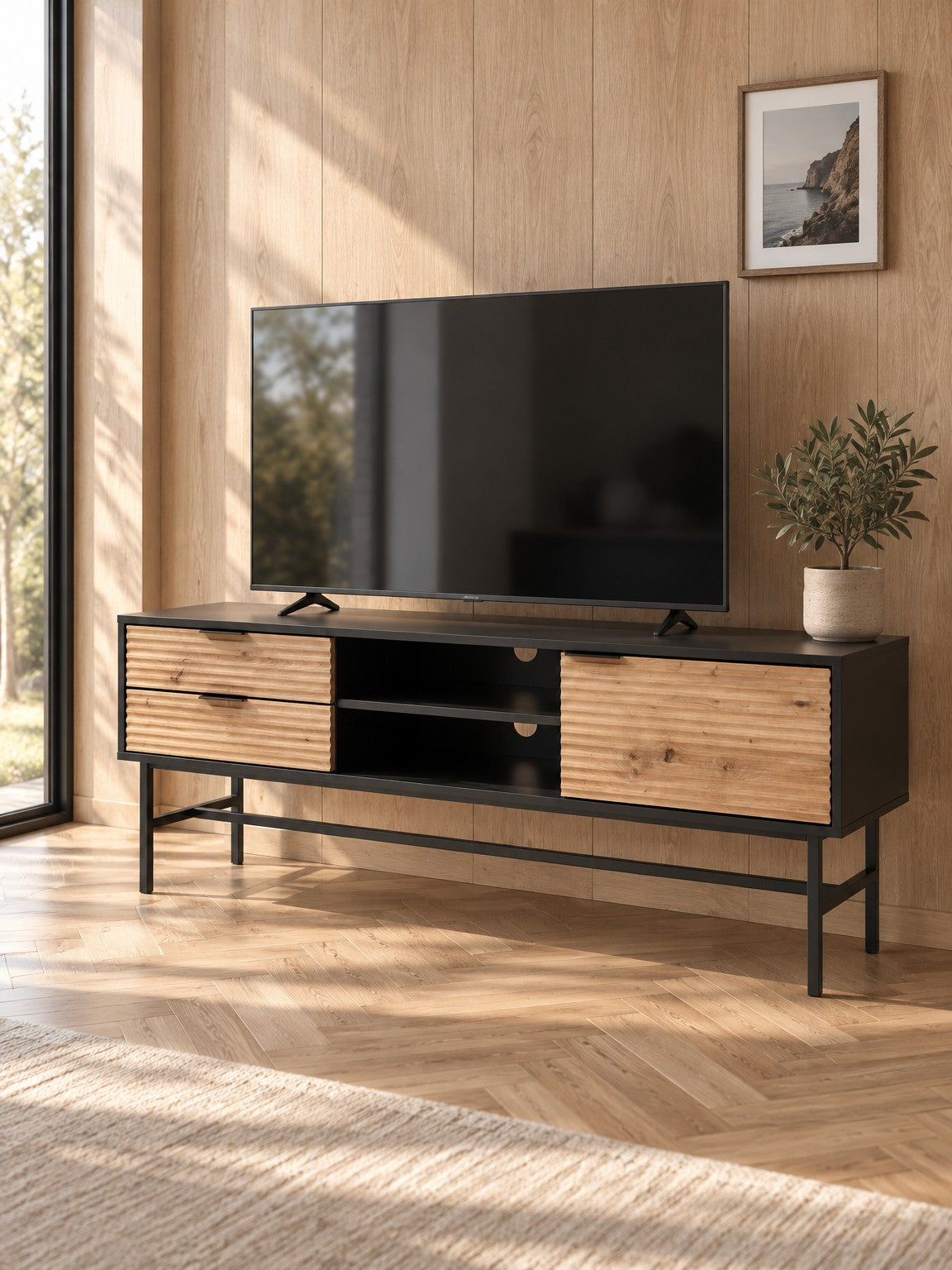 Szafka RTV MIRIA 150 cm - dąb artisan / czarny / metal