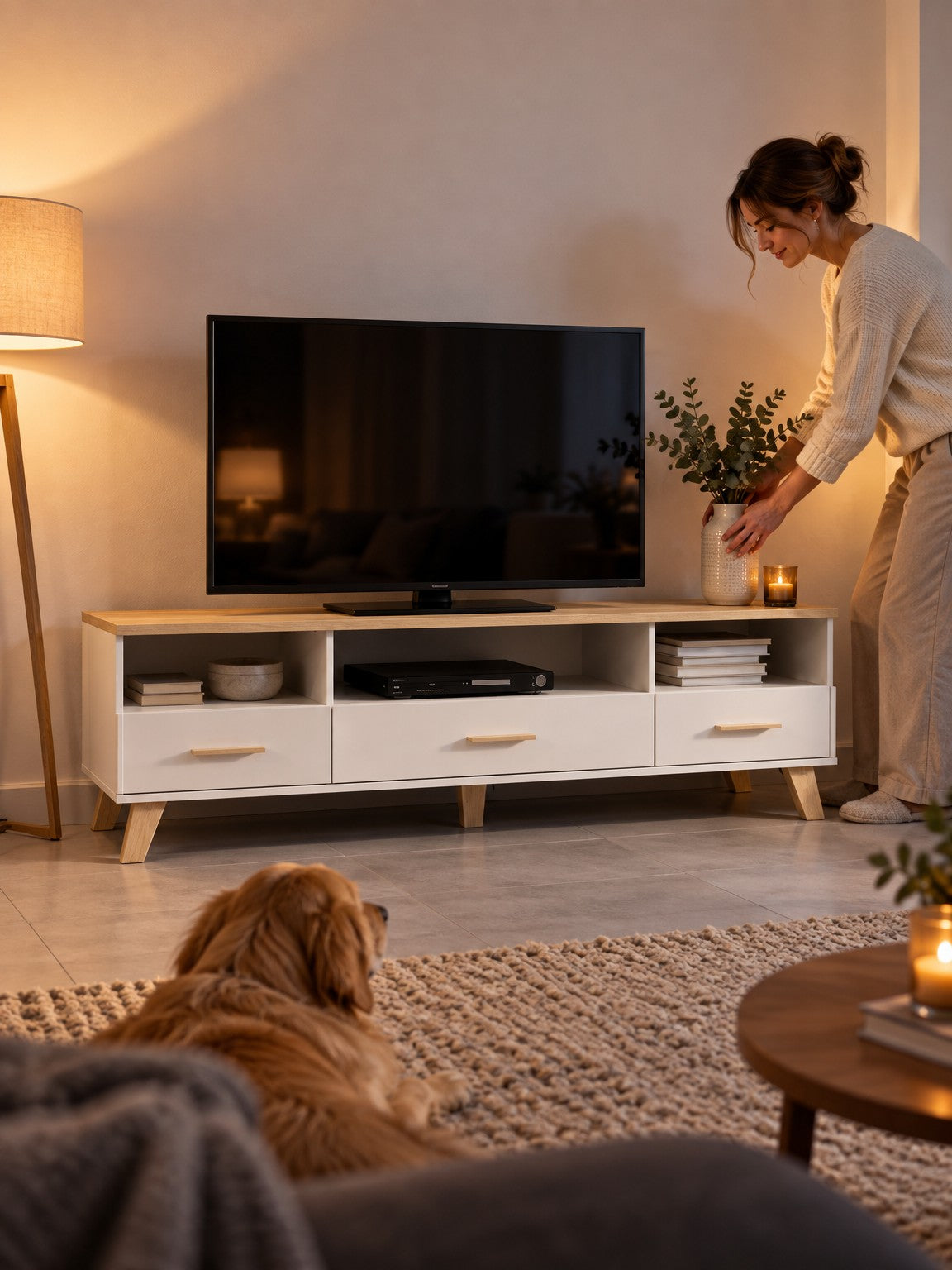 Szafka RTV SENI 180 cm - biały / dąb sonoma - aranżacja