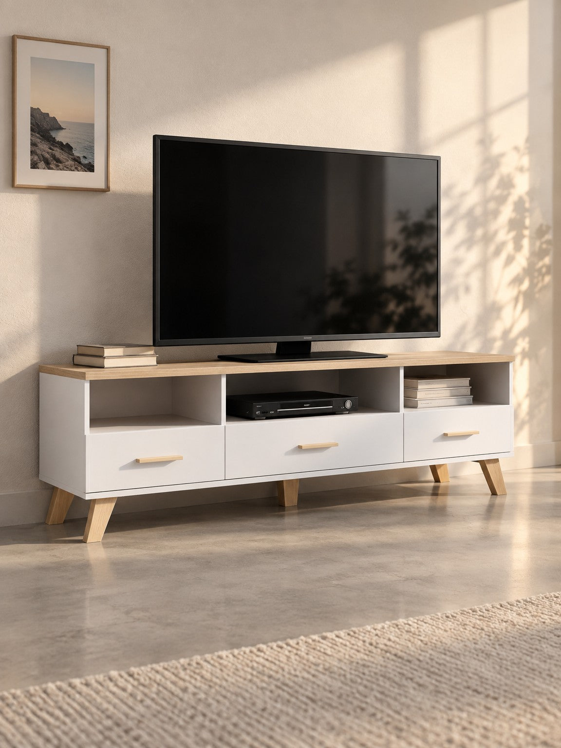Szafka RTV SENI 180 cm - biały / dąb sonoma