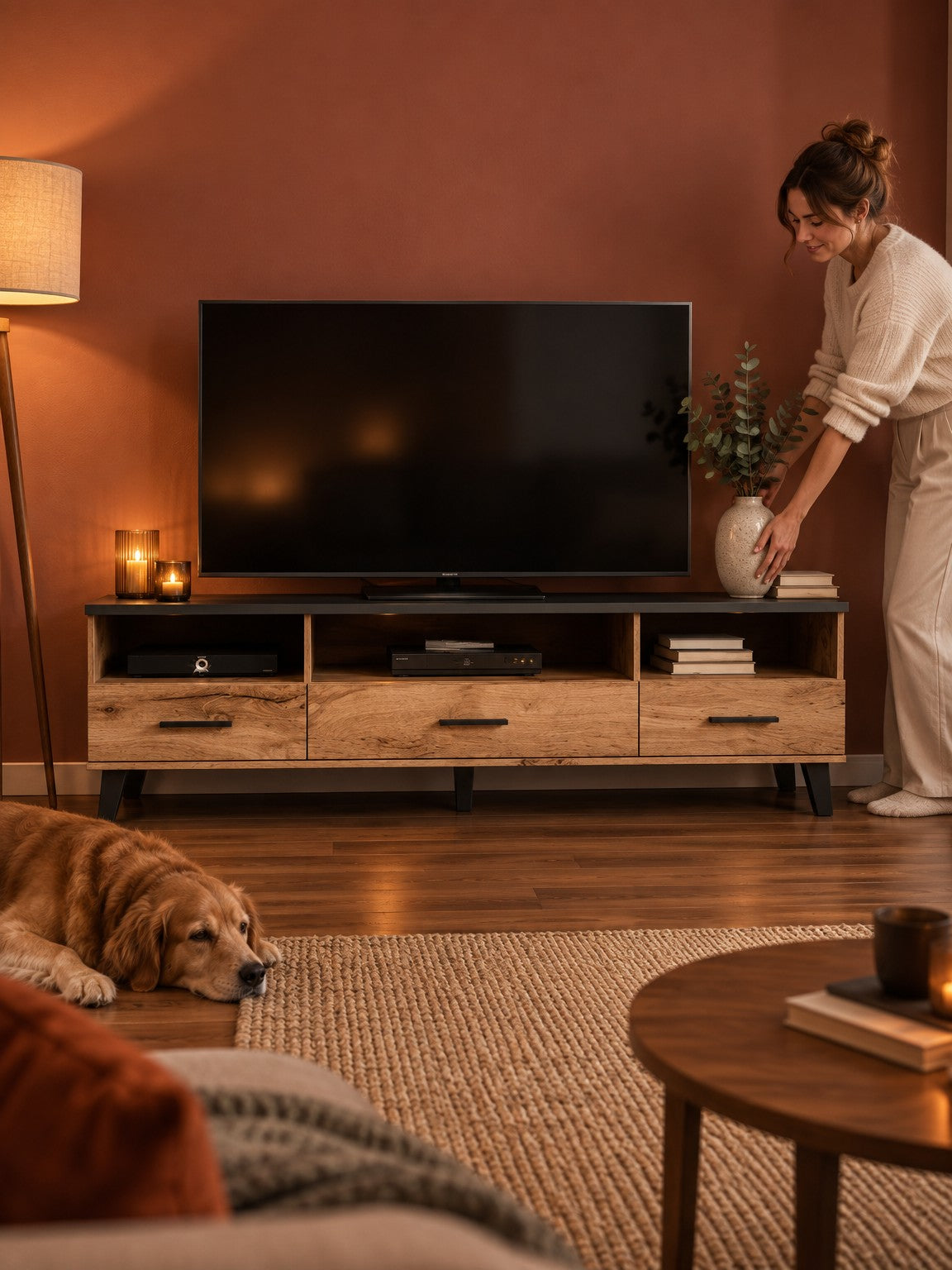 Szafka RTV SENI 180 cm - dąb wotan / czarny - aranżacja