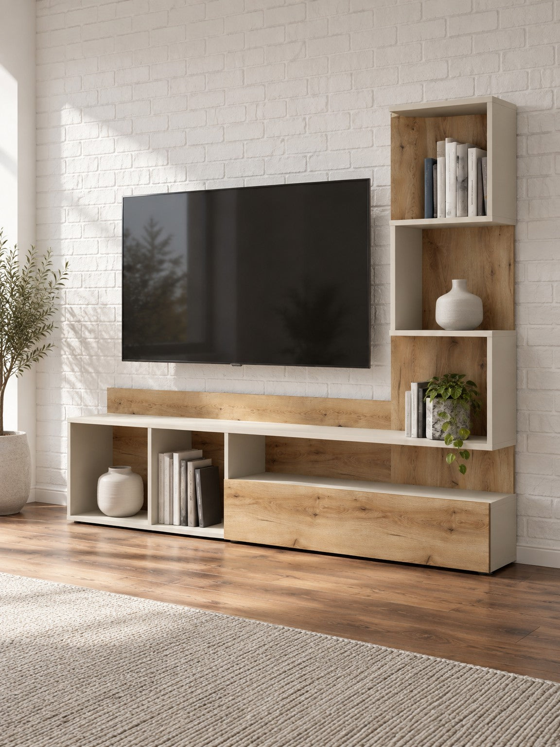 Szafka RTV SURA 180 cm z oświetleniem - beżowy / dąb naturalny