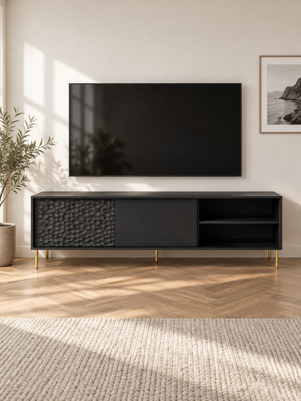 Szafka RTV URAN 180 cm - czarny / złoty / metal