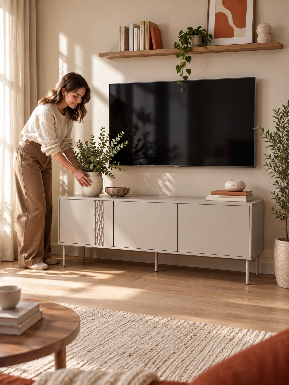 Szafka RTV UTRA 150 cm 3-drzwiowa - beżowy - aranżacja