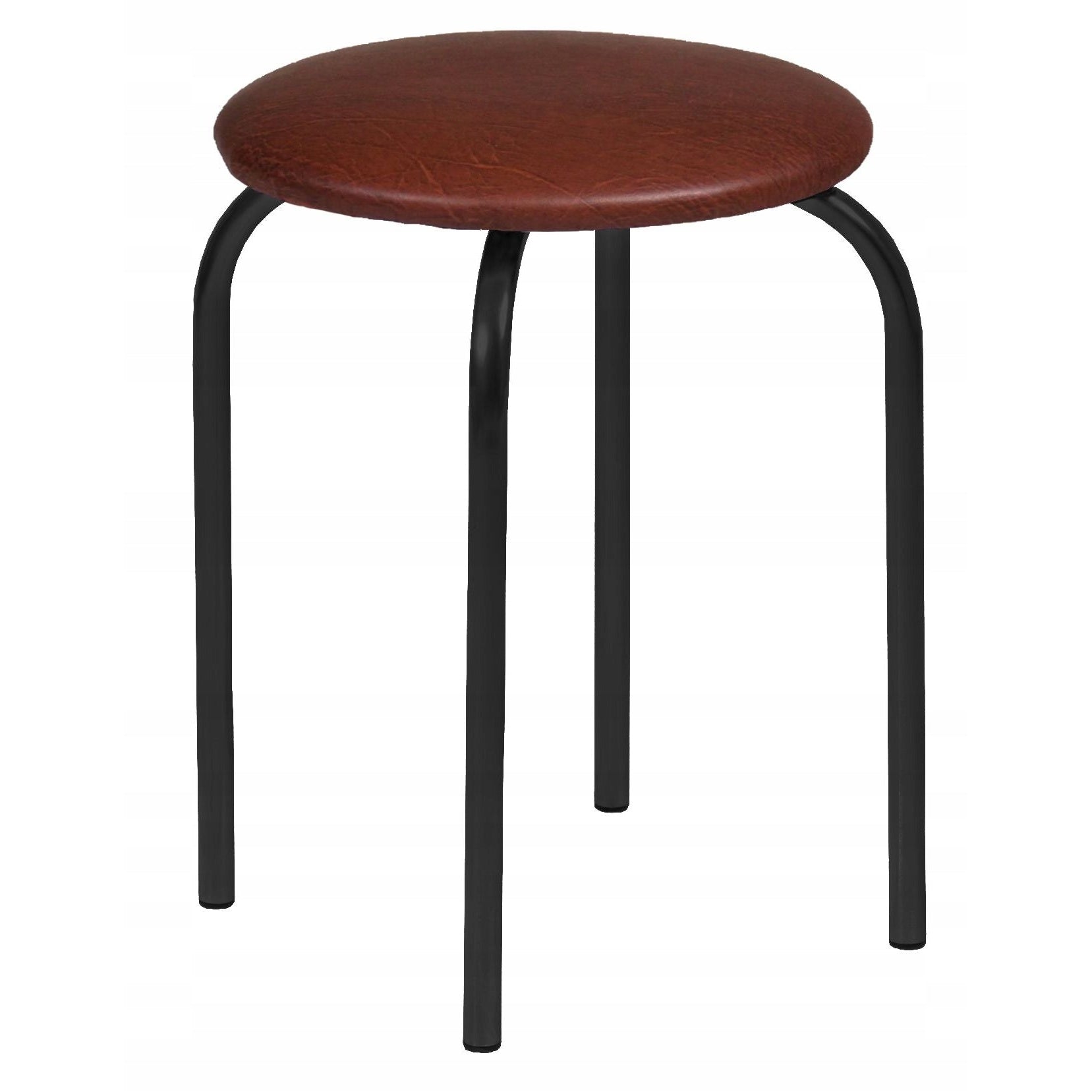 Taboret z siedziskiem w kolorze ciemnego brązu na czterech smukłych, czarnych metalowych nogach o stabilnej konstrukcji.