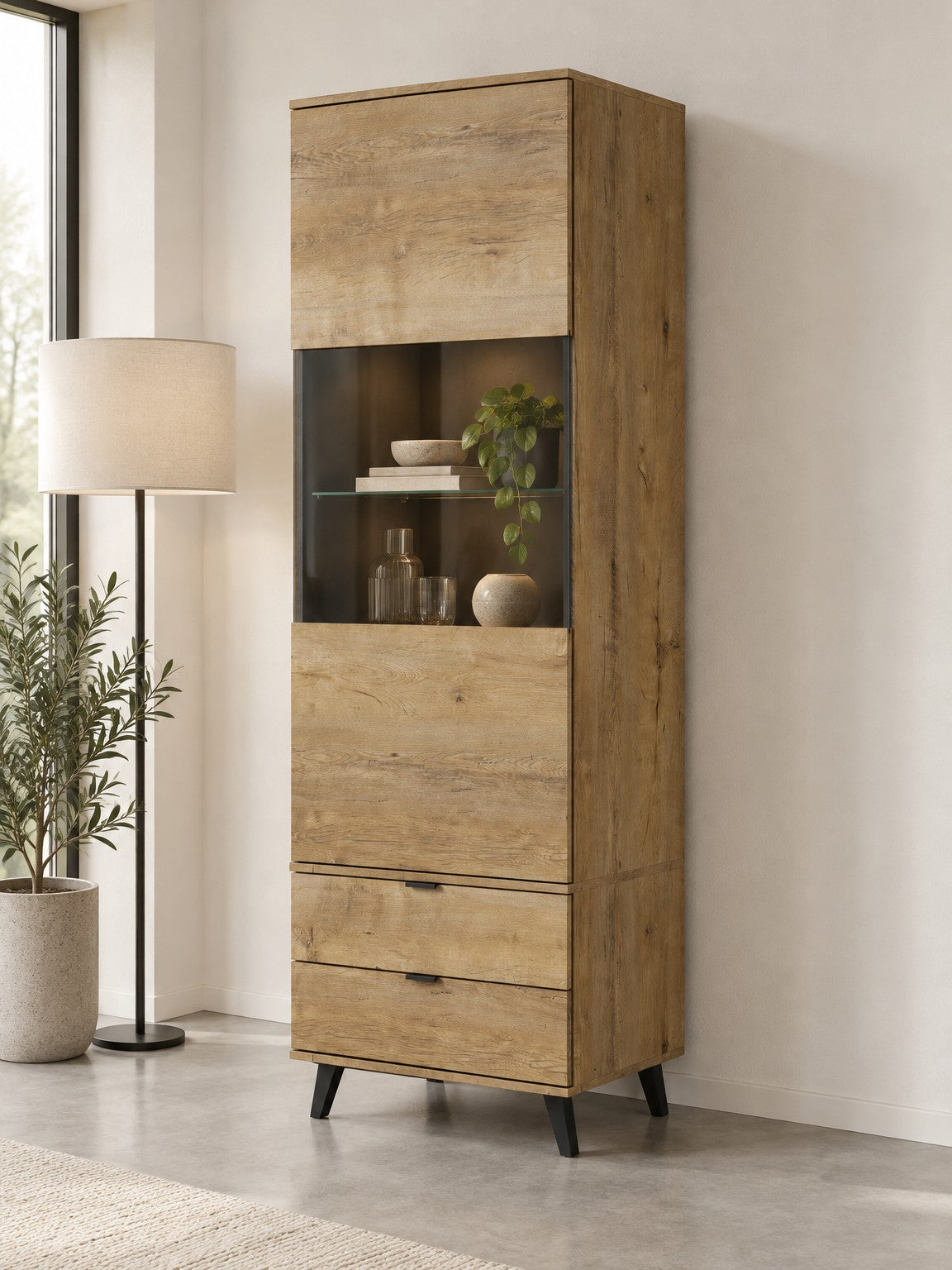 Witryna CZELIS 60 cm W-2 - czarny / dąb lefkas / tworzywo