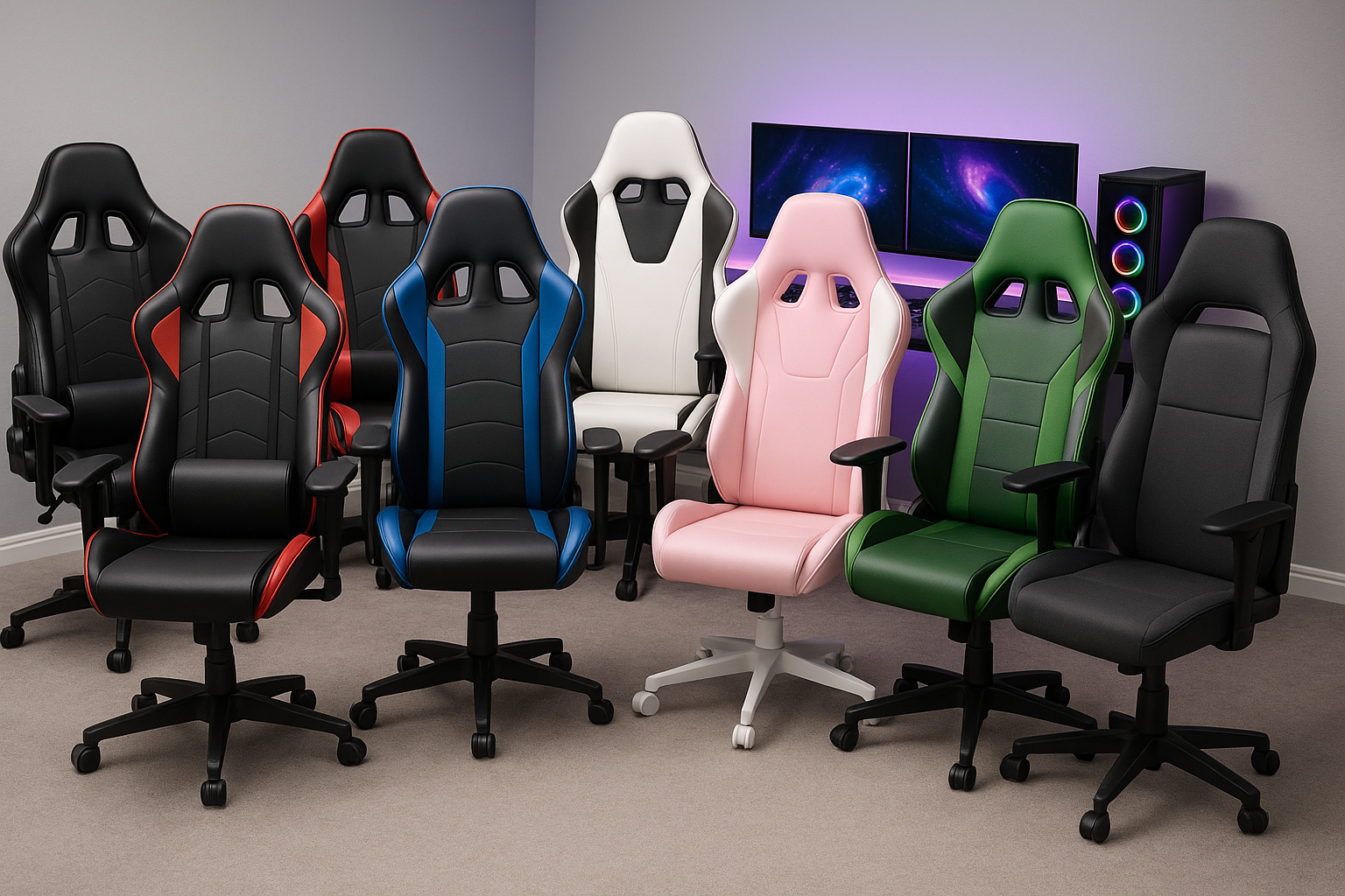 wygeneruj mi różne modele foteli gamingowych w różnych kolorach. Zdjęcie ma być w pokoju gamingowym z jasno szarymi ścianami.
