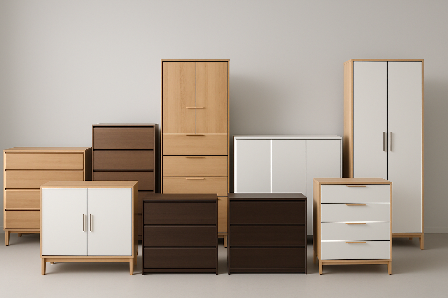 wygeneruj mi zdjęcie kilku komód i szafek obok siebie na jasno szarym tle