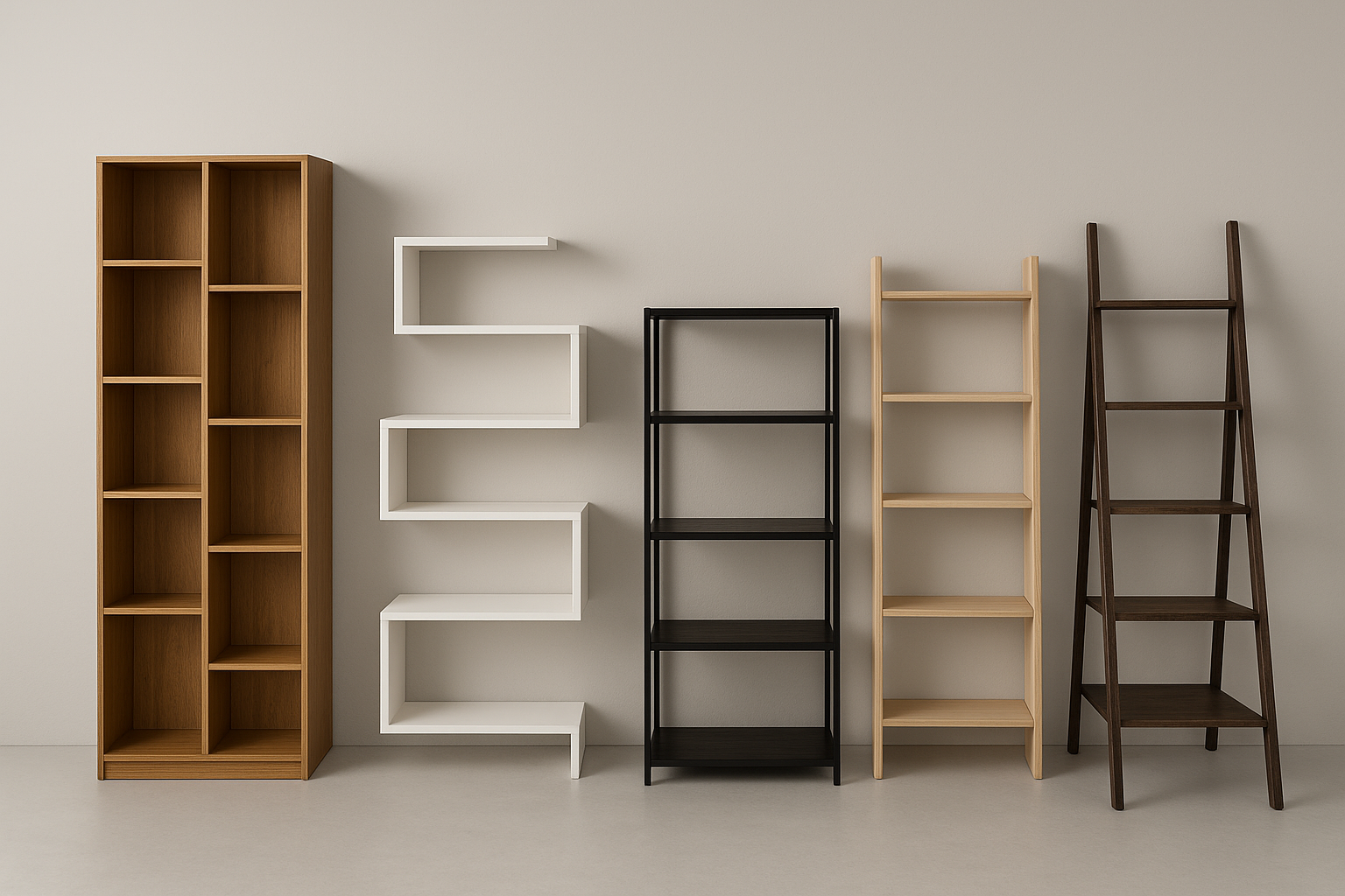 wygeneruj mi zdjęcie kilku różnych regałów na jasno szarym tle