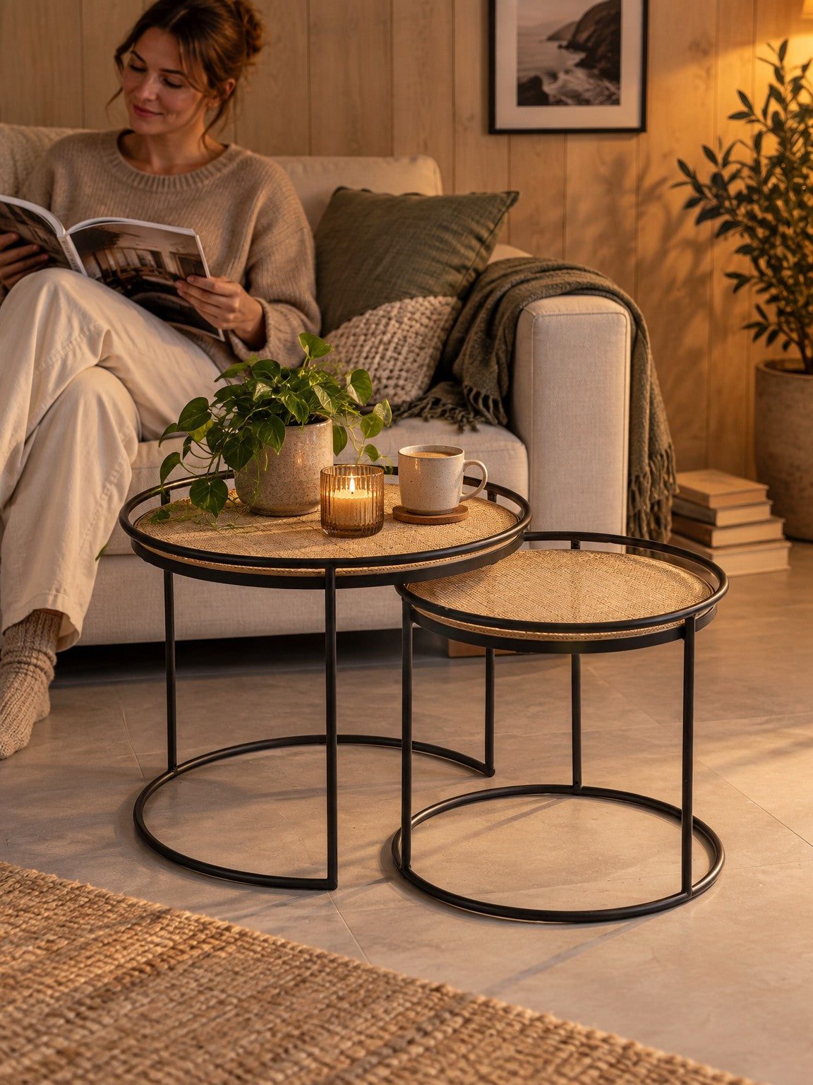 Zestaw 2 stolików kawowych RARA ø51 cm - brązowy / czarny / rattan - aranżacja