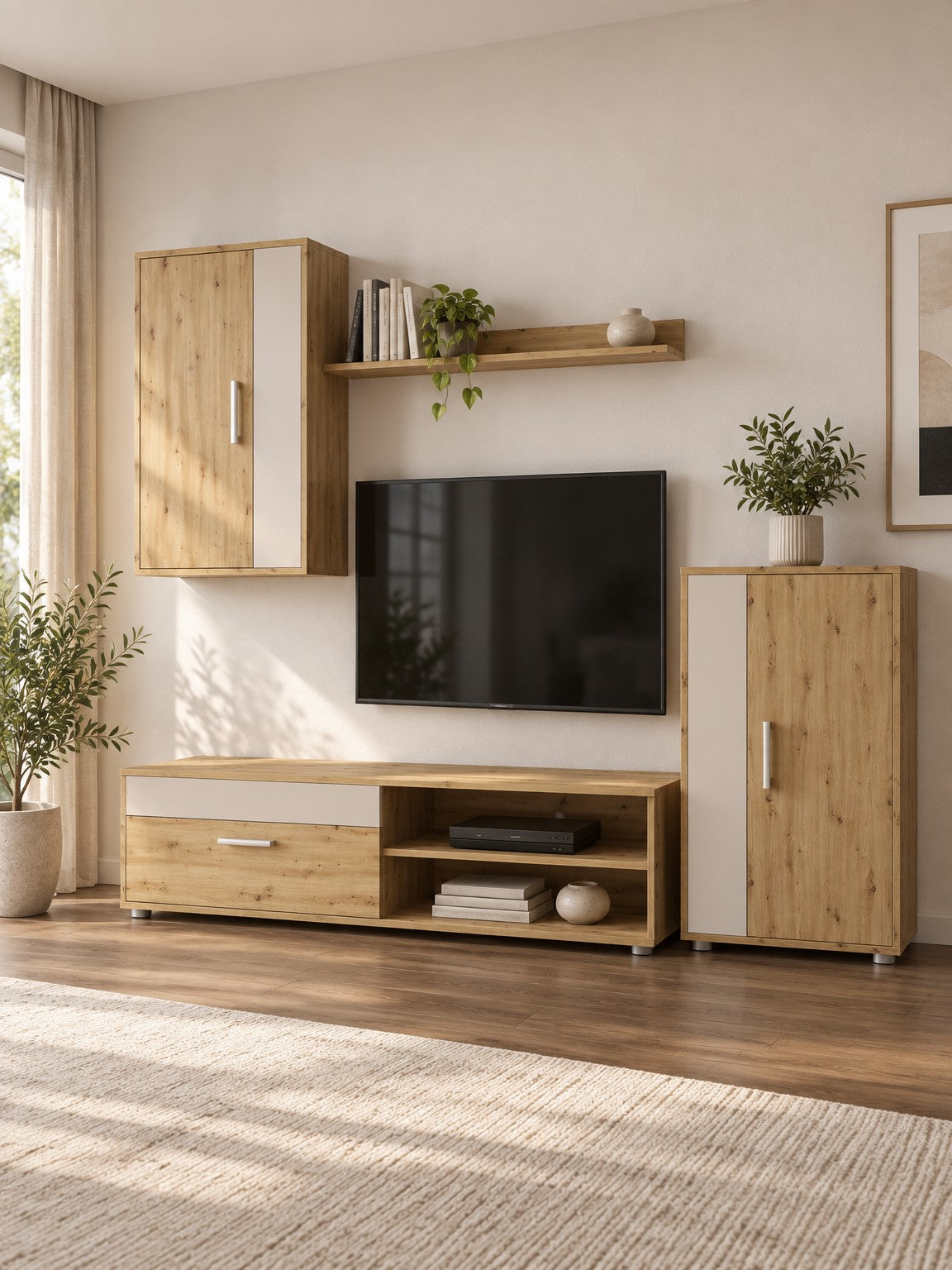 Zestaw mebli RTV ISIA - dąb artisan / beżowy / tworzywo
